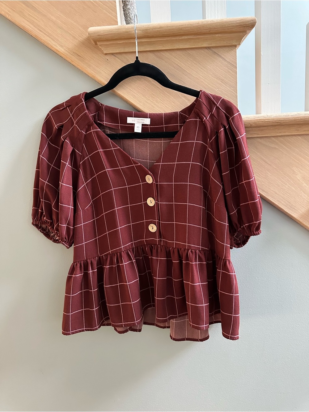 LC Lauren Conrad Burgundy Windowpane Check Peplum Blouse
